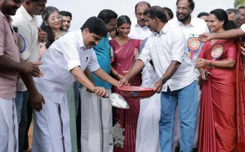 Keralam's Minister of Agriculture, Shri Adv. T Siddique laying the stone for India's first ever permanent animal evacuation shelter for disasters in Keralam's Kottathara, Wayanad. The shelter is being made by Humane World for Animals India, with support from Kerala State Disaster Management Authortiy and Kottathara Gram Panchayat.