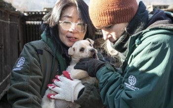 JungAh Chae and Lola Webber of HSI, hold a puppy at a dog meat farm
