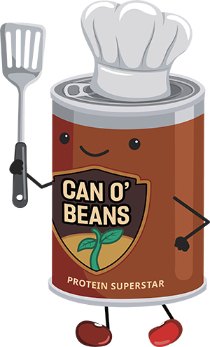 Illustration of a can of beans wearing a chef hat and holding a spatula.